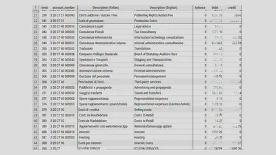 A part of a fictitious Italian trial balance with Italian and English language labels. The blurred numbers are randomized from an actual trial balance and presented in a different currency than the original.